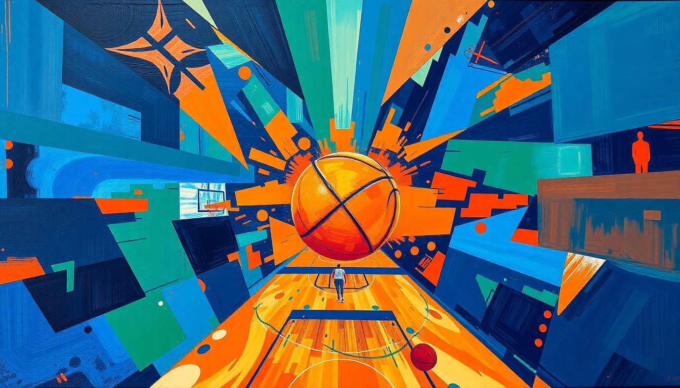 A fragmented, geometric painting in bold colors depicting the motion and intensity of a basketball game, conceptually representing the diverse talents of the Hall of Fame class.
