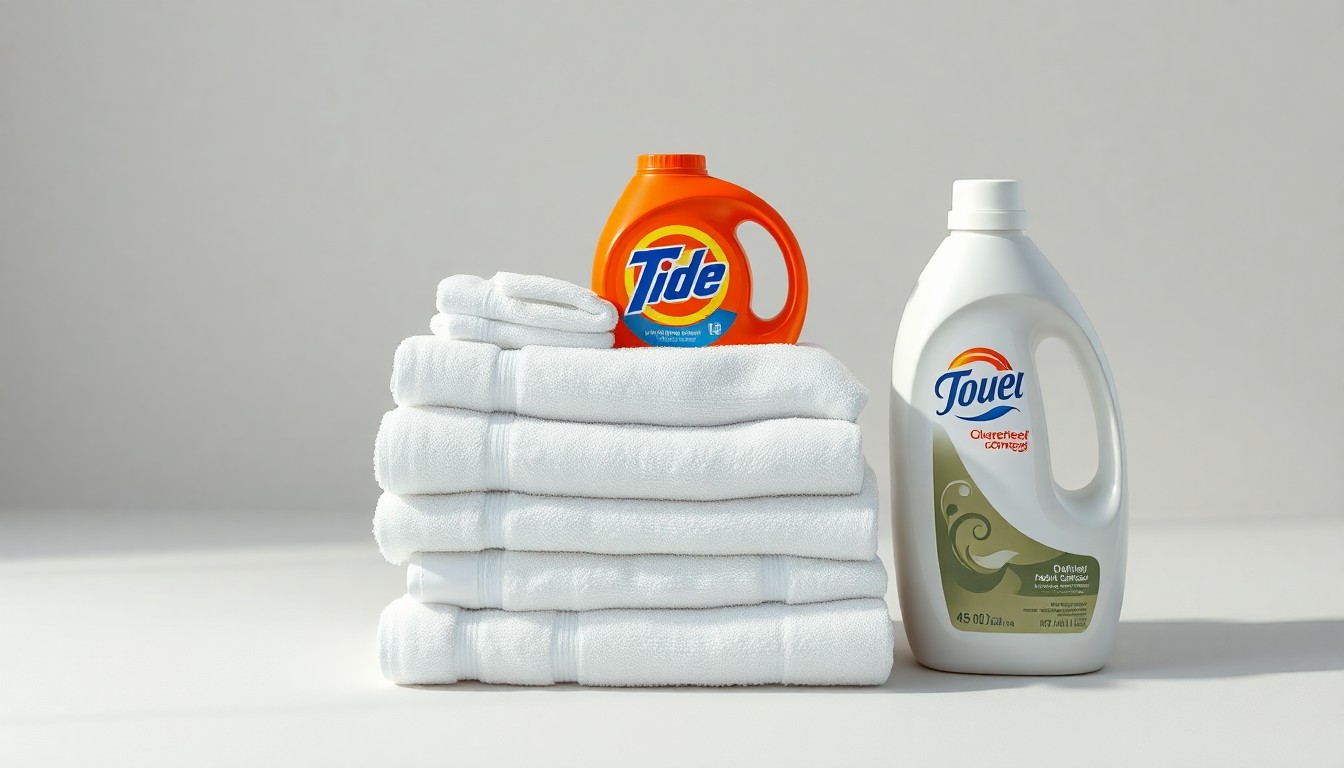 A minimalist studio still life photograph featuring a stack of freshly folded white towels, a bottle of Tide detergent, and a Downey fabric softener bottle arranged elegantly on a clean, light gray background, conceptually representing the premium quality and attention to detail of the Tide Cleaners laundry service.