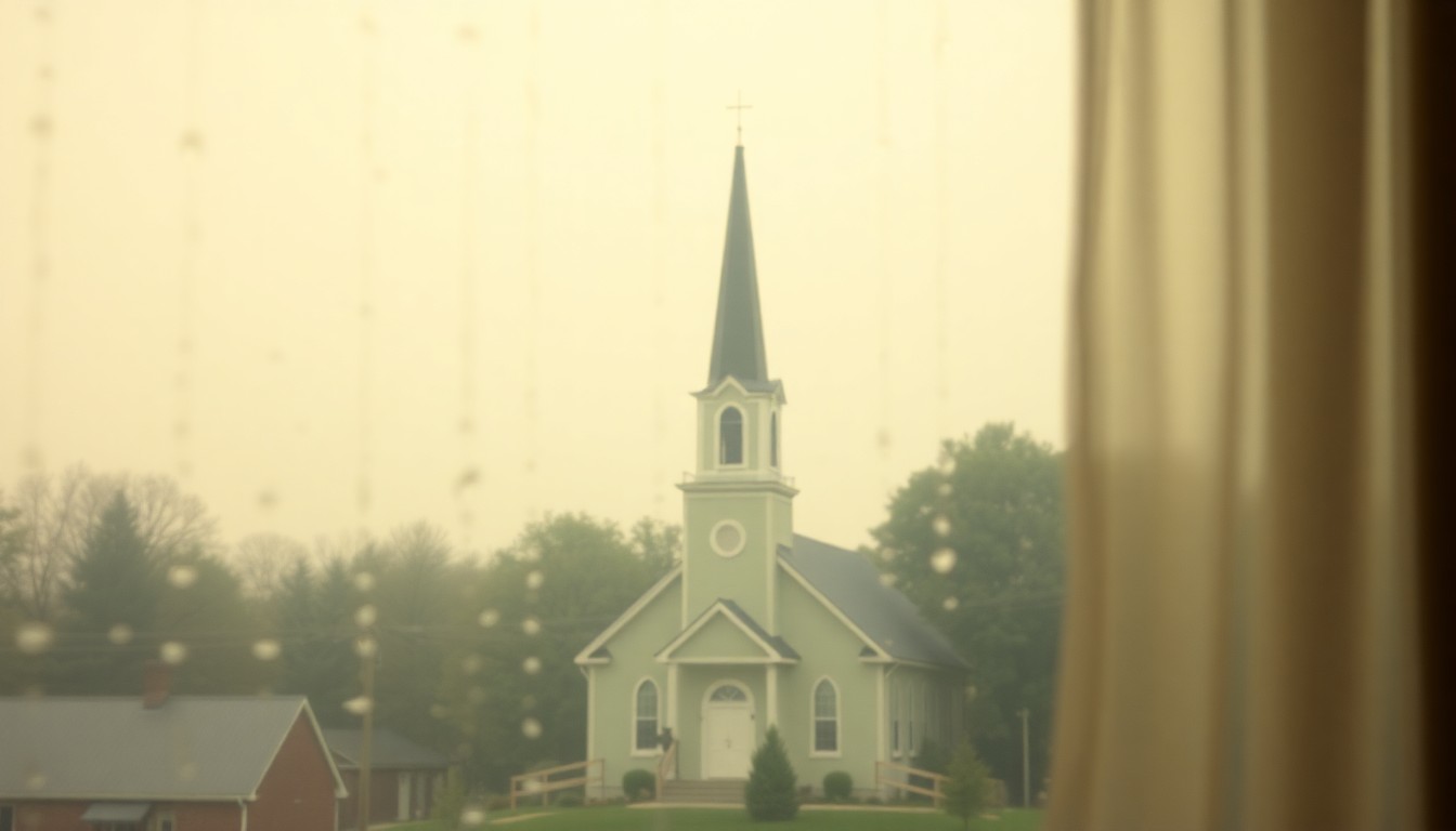 A blurry, impressionistic photograph of a church steeple seen through a rain-streaked window, evoking the somber mood of a funeral service.