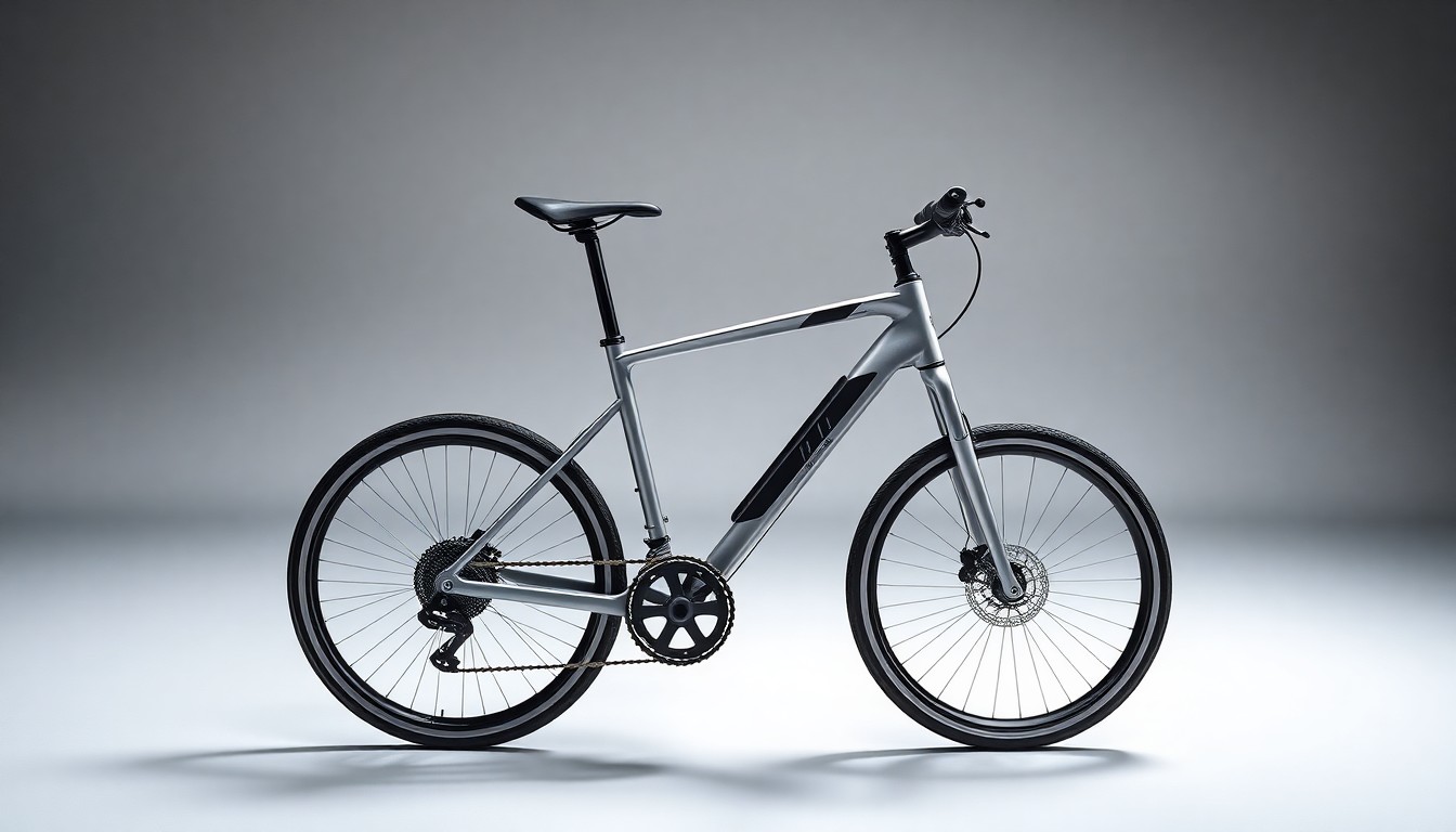 A high-end, photorealistic studio still-life photograph of a sleek, electric bicycle frame made of polished aluminum and carbon fiber, resting on a clean, monochromatic background and illuminated by dramatic studio lighting.