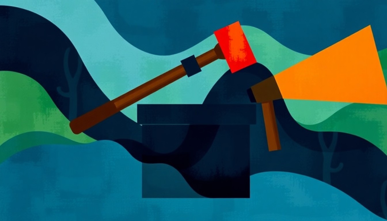 A dynamic, fragmented painting depicting political symbols like a gavel, ballot box, and megaphone in bold, overlapping brushstrokes of dark blue, green, and orange, conveying the heated debate over teachers' unions in Idaho.
