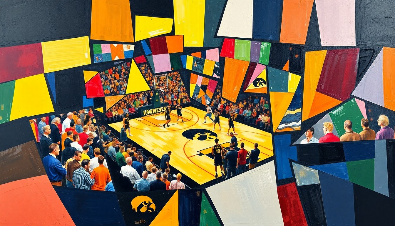 A cubist-style painting depicting a fragmented, geometric basketball game, with the vibrant colors of the Iowa Hawkeyes and their opponents overlapping in an abstract composition.