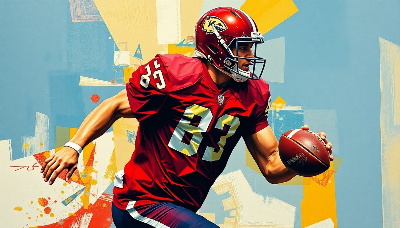 A cubist, geometric painting depicting a football player in motion, broken down into overlapping planes of vibrant red, gold, and blue colors.
