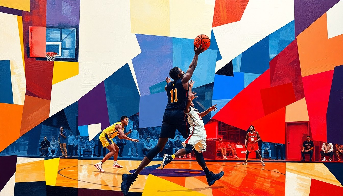 A cubist, geometric painting depicting a basketball game or match, with sharp, overlapping planes of maroon, gold, and cherry red colors, representing the Minnesota Golden Gophers and Asuma's high school team.
