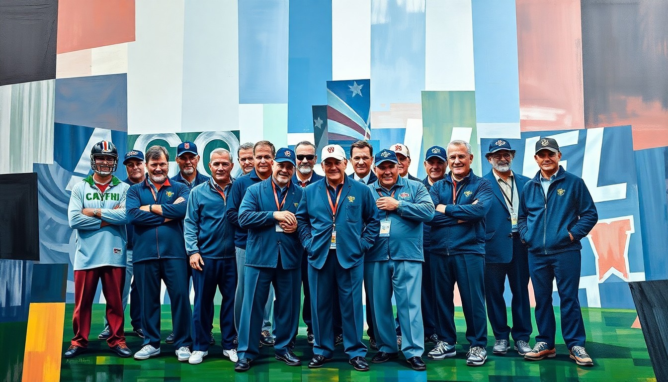 A cubist, fragmented painting depicting a group of people in various poses, representing an artistic interpretation of the annual NFL coaches photo.