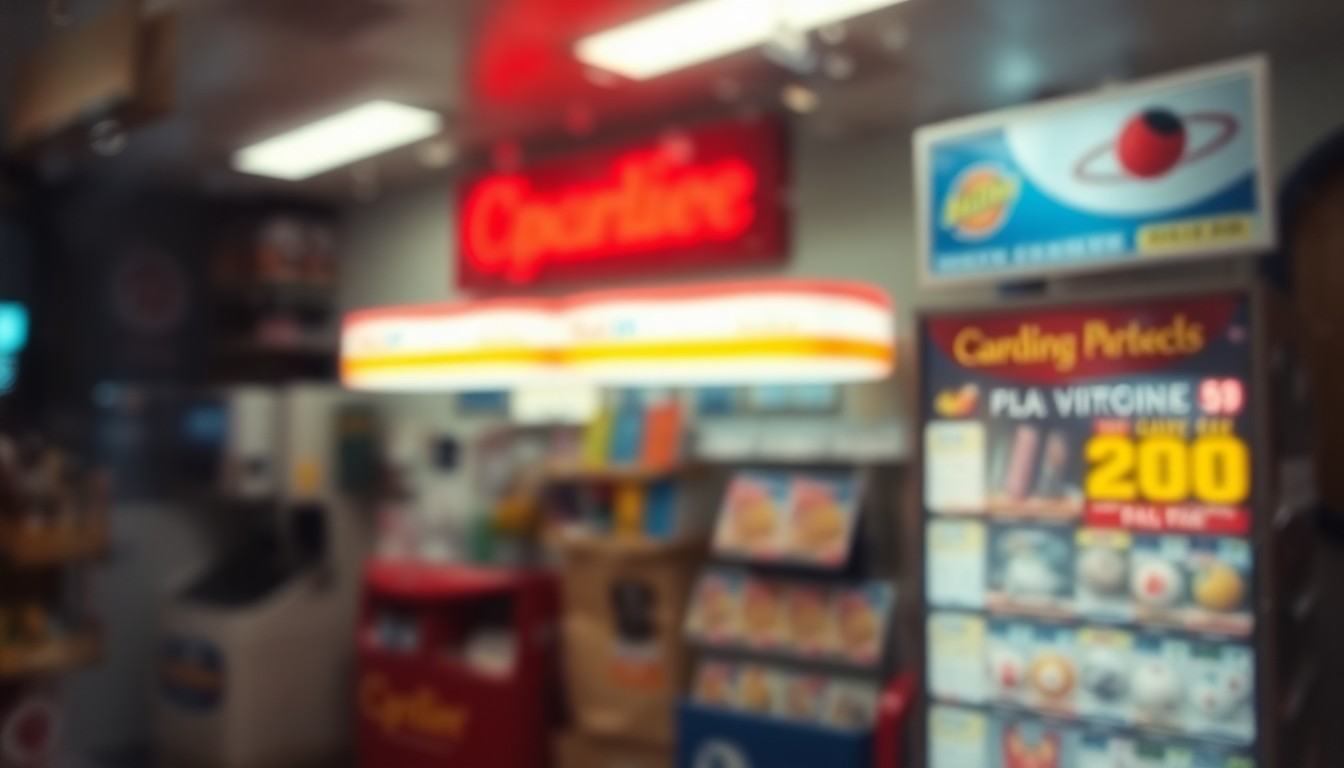 An extremely blurred, impressionistic photograph of the interior of a gas station convenience store, with a glowing display of lottery tickets visible in the foreground through the hazy, rain-streaked glass. The image captures the sense of chance and serendipity in the story.