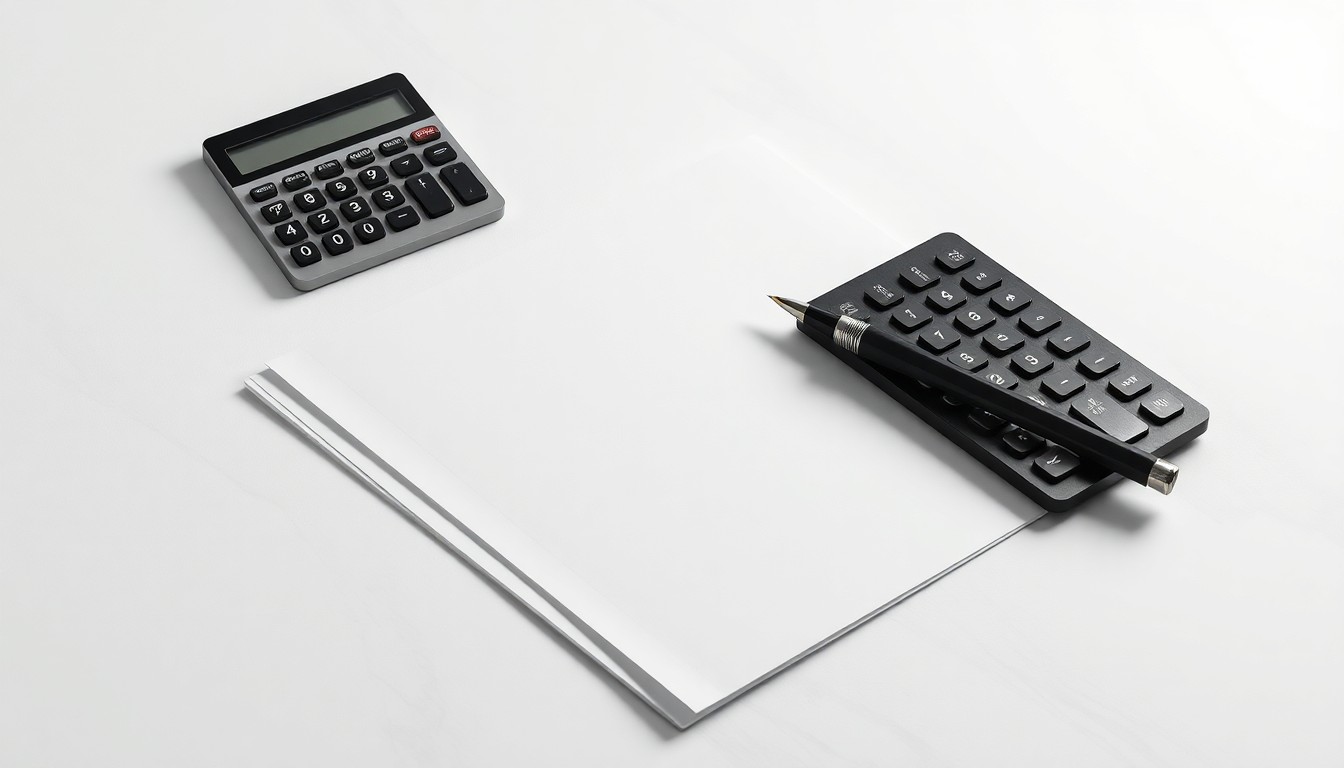A photorealistic studio still life featuring a stack of financial documents, a calculator, and a pen arranged on a clean white background, symbolizing the abstract concepts of corporate strategy, finance, and risk.