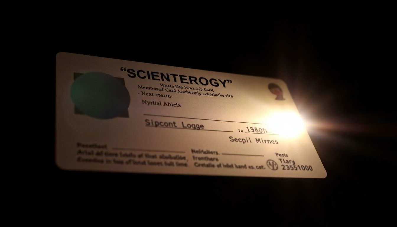 An extreme close-up photograph of a Scientology membership card or other physical evidence related to the church's arbitration process, lit by a harsh, direct camera flash against a pitch-black background, creating a stark, gritty, investigative aesthetic.