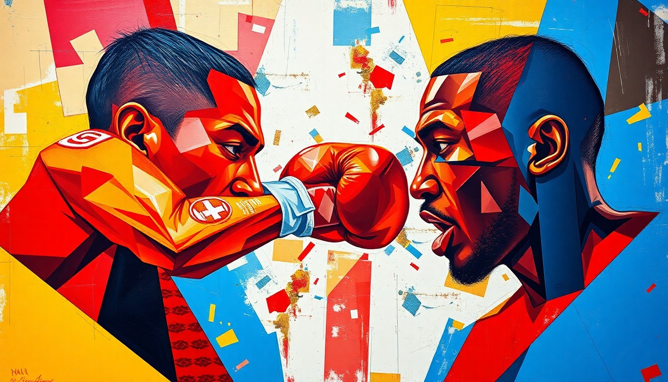A fragmented, geometric painting depicting the action of a boxing match, with the figures of the fighters broken down into overlapping planes of vivid colors, conveying the dynamic energy and tension of the potential showdown.