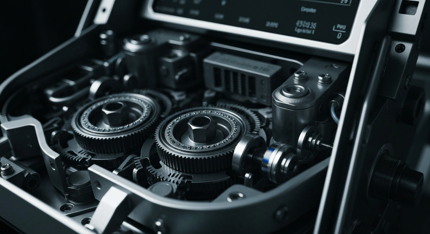 A dramatic, high-contrast close-up of the intricate inner mechanisms and circuitry of a cardiac monitoring device, conveying the advanced, industrial nature of HeartBeam's innovative technology.