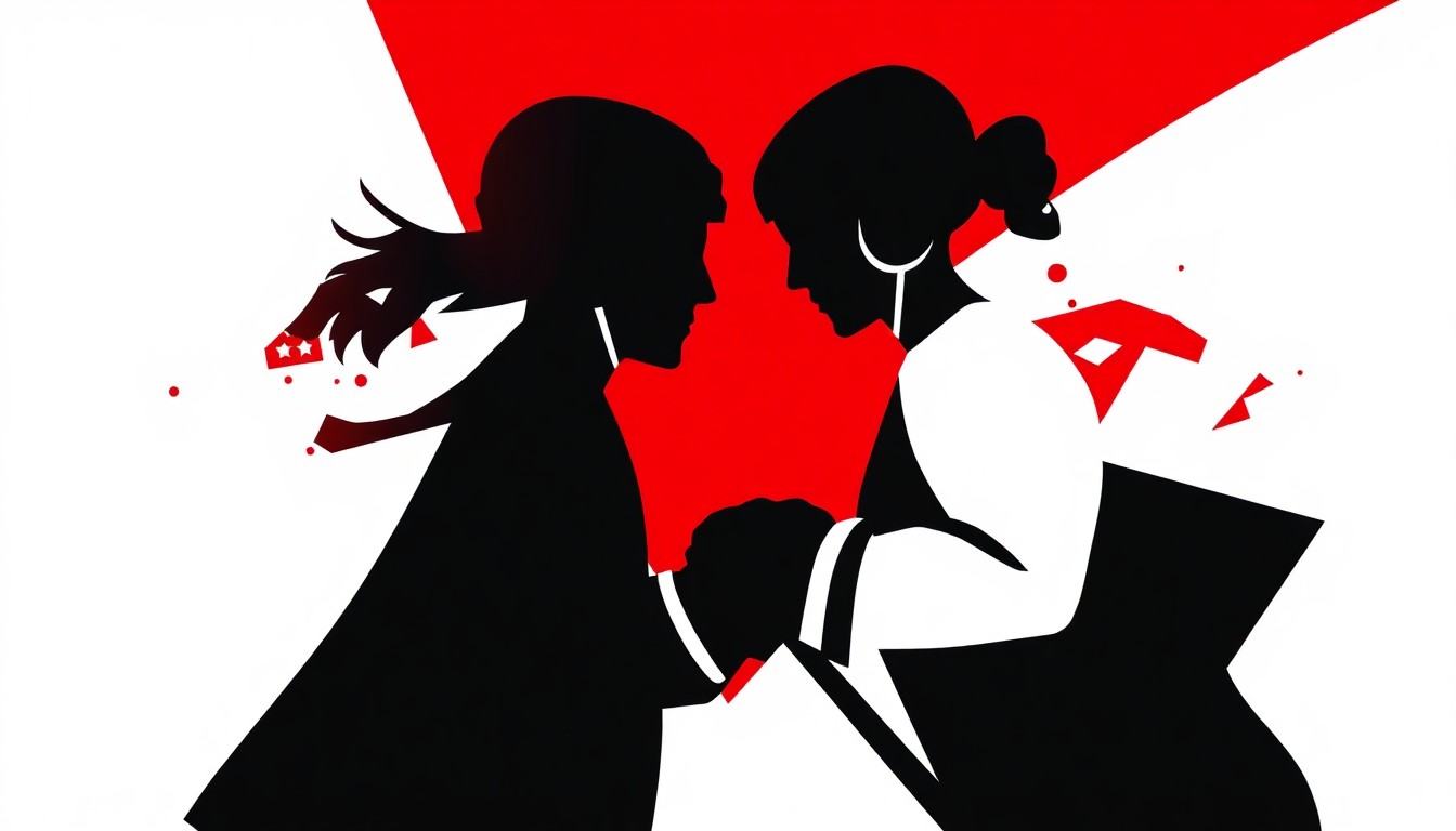 A minimalist, abstract illustration composed of bold, jagged black silhouettes and geometric shapes in high-contrast red and white, conceptually representing the passionate rivalry and romance between two hockey players.