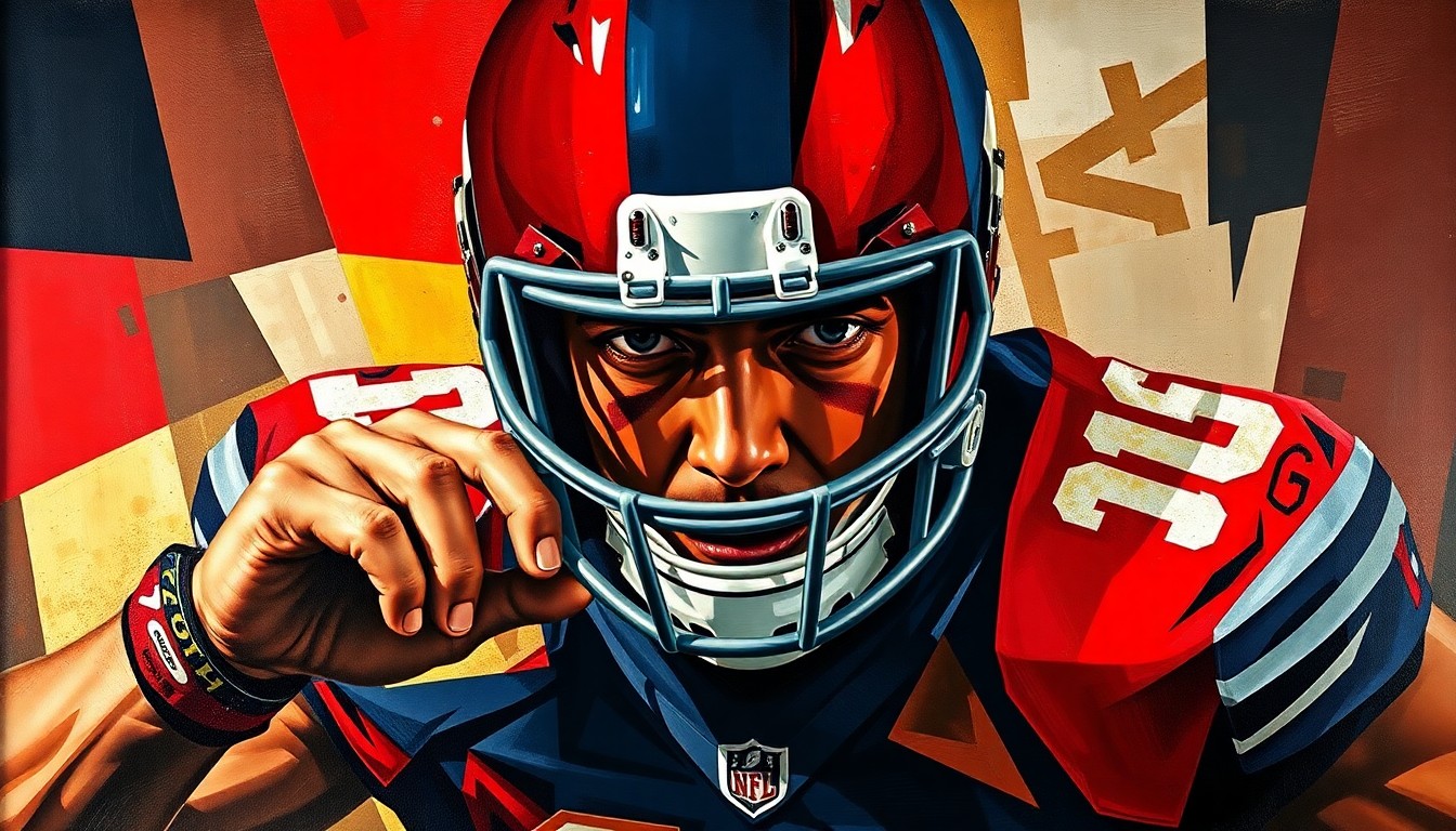A fragmented, cubist-style painting depicting an offensive lineman in pass protection, with sharp geometric shapes and planes in shades of red, blue, and gold representing the physicality and technical complexity of the position.
