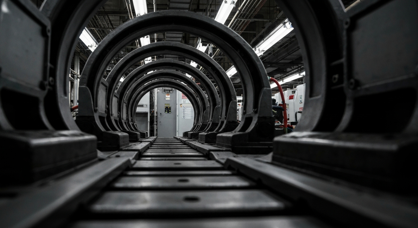 An extreme close-up of complex, interlocking metal gears and levers in muted greys and blues, conveying the secure, powerful mechanics of the global financial system.