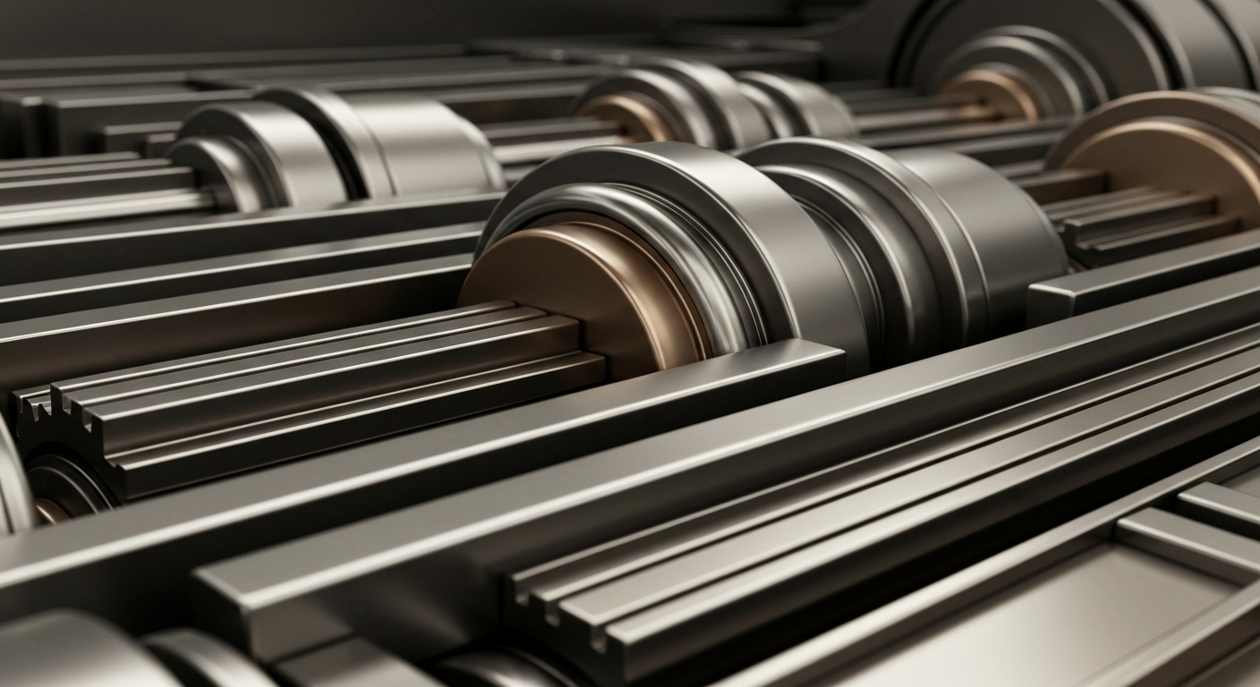 A highly detailed, cinematic close-up image of heavy, industrial banking machinery and components in shades of grey, bronze, and chrome, conveying the institutional power and security of the financial industry through a conceptual, non-literal visual metaphor.