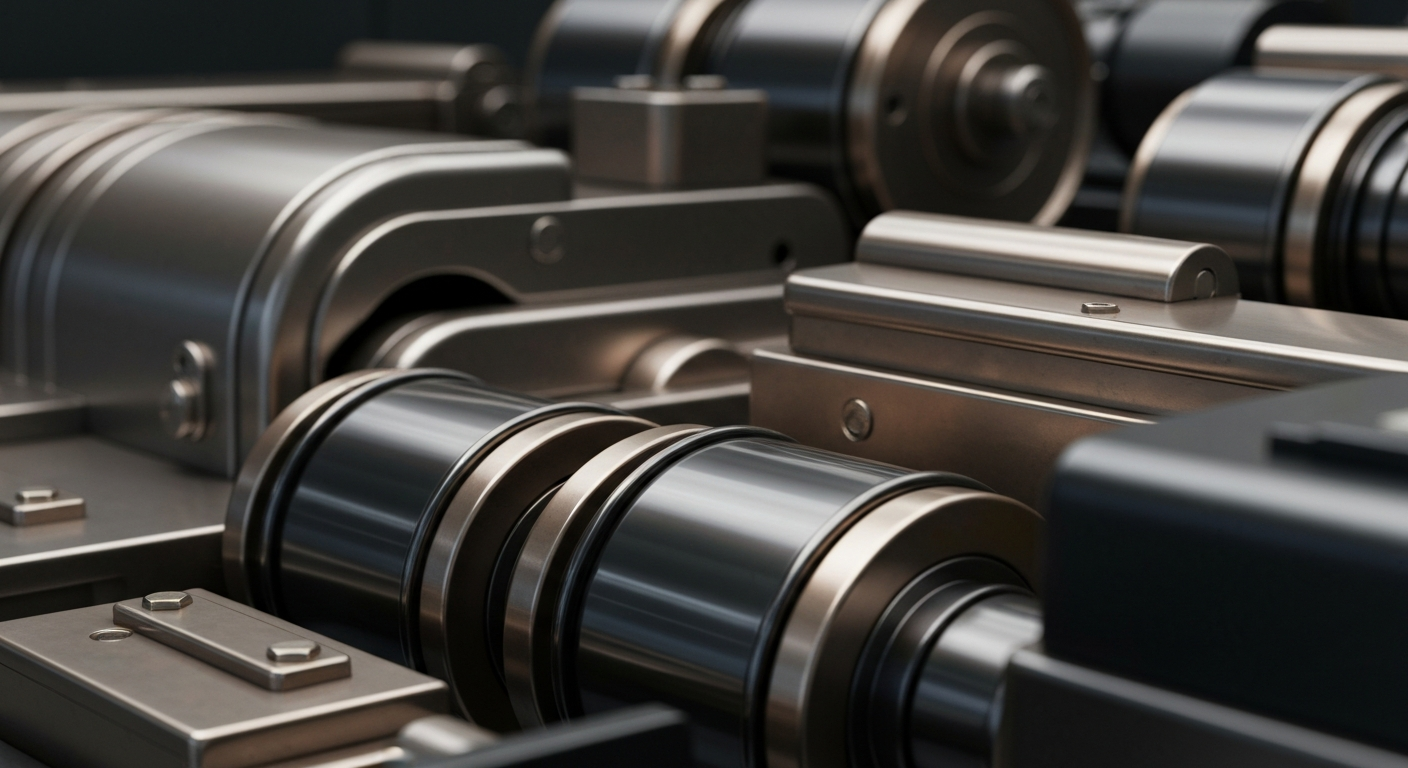 An extreme close-up of intricate, heavy banking machinery and equipment in muted tones of steel grey, bronze, and black, conceptually representing the secure, institutional nature of the financial industry.