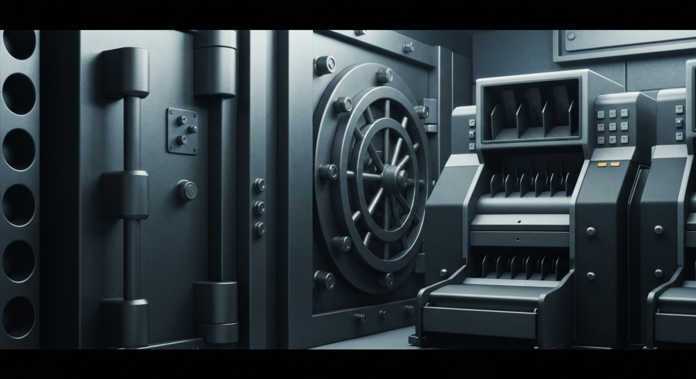 A dramatic, high-contrast close-up of industrial banking equipment and machinery, conveying the tangible, institutional nature of the financial sector without using literal currency or charts.