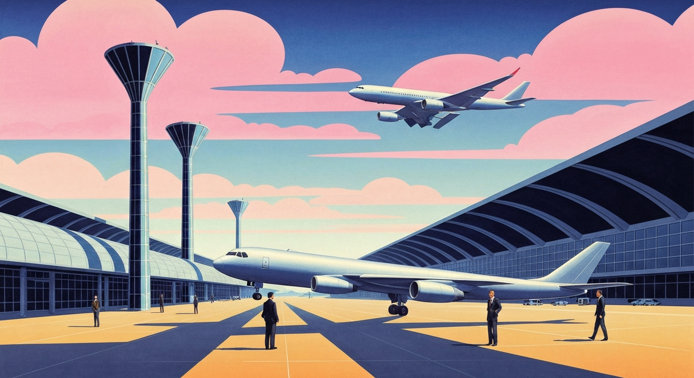 A bold, geometric illustration featuring sweeping airbrushed gradients and towering forced perspectives of airport architecture, conveying the grand scale and technological prowess of air travel, with an underlying conceptual nod to the importance of aviation safety.