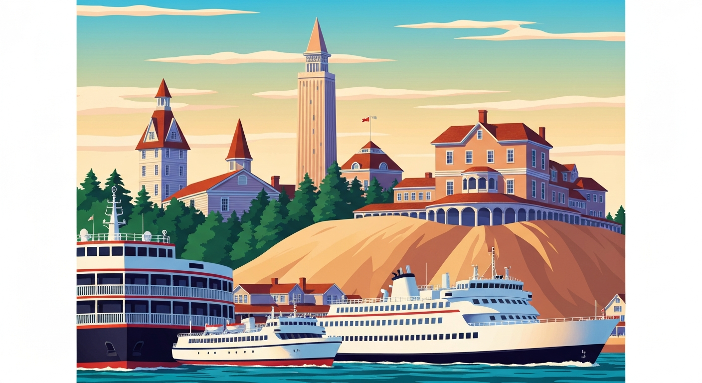 A highly stylized, geometric illustration depicting the grand scale of Mackinac Island's iconic architecture and ferry transportation, rendered in a bold, Art Deco-inspired visual style without any text or identifiable elements.