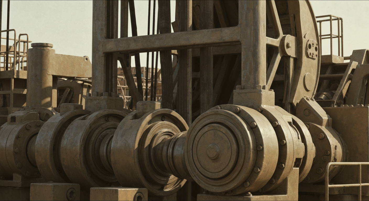 An extreme close-up of the gears, pistons, and hydraulic components of an industrial oil and gas drilling rig, conveying the heavy, physical nature of the energy services industry.