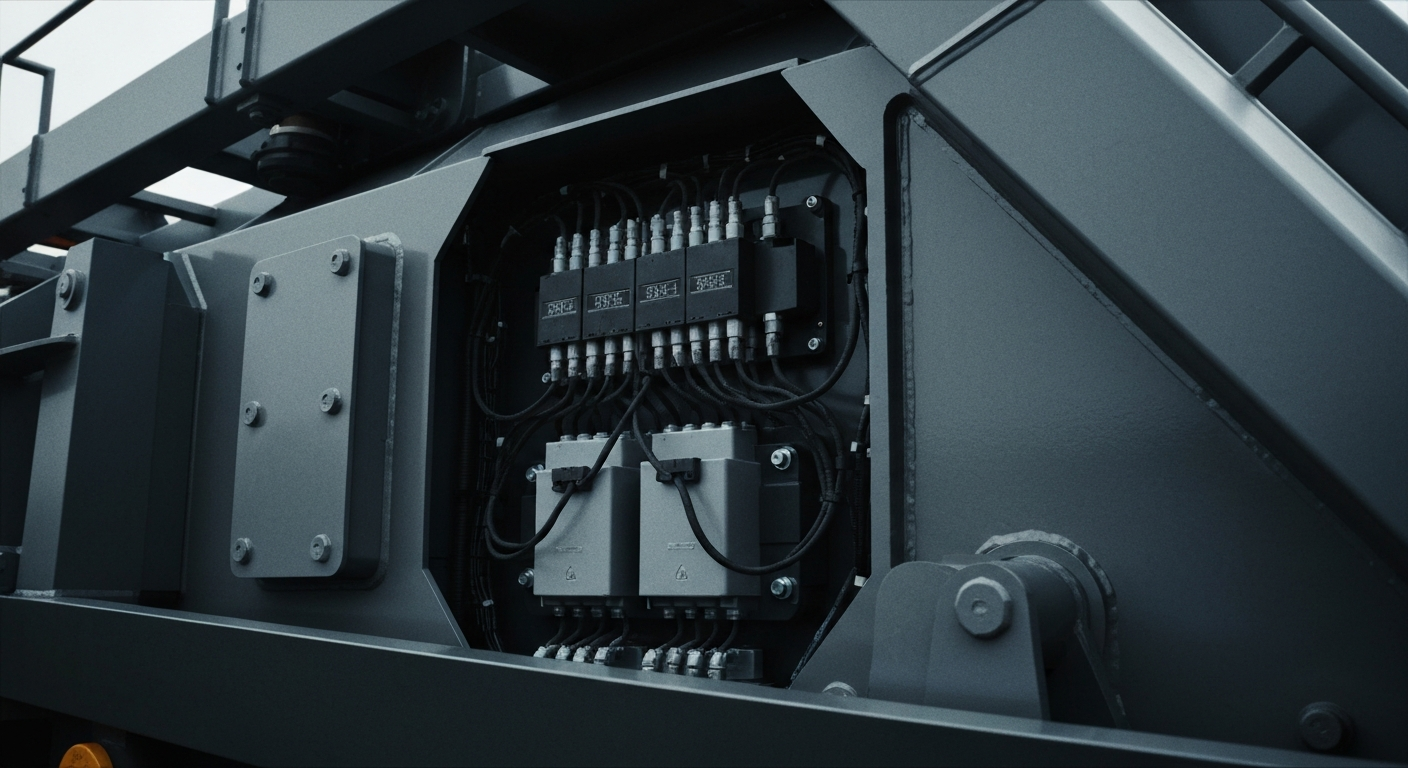 An extreme close-up of various metal and electronic components that make up the complex machinery and hardware of a banking or financial institution, conveying the industrial strength and technological sophistication behind Mitek Systems' software solutions.