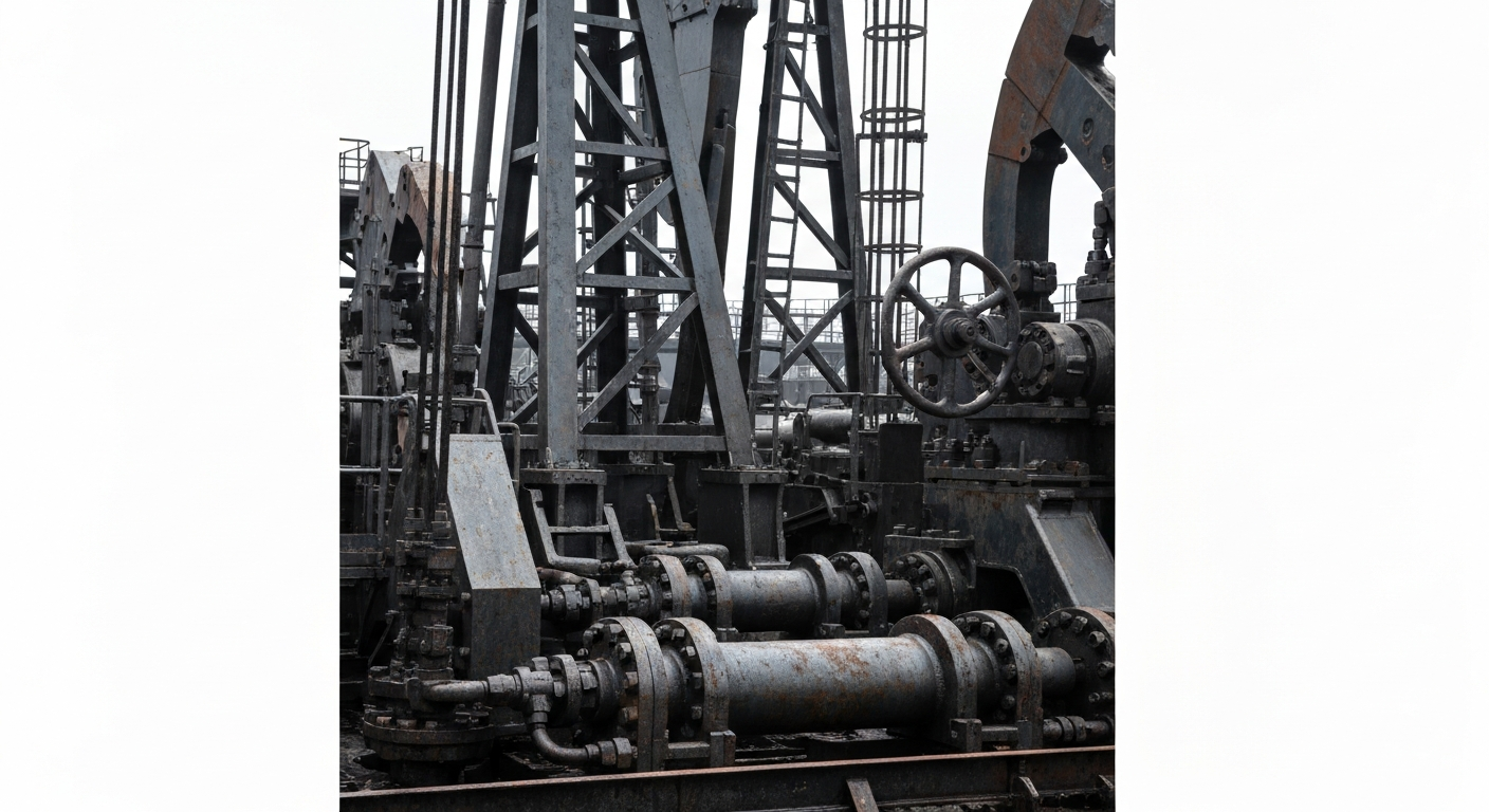 An extreme close-up of complex, industrial oilfield machinery and equipment, conveying the physical and mechanical power of the energy industry.