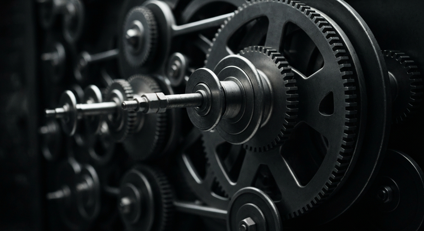 An extreme close-up of a complex array of metal gears and machinery, conveying the intricate financial infrastructure behind biotech investments.