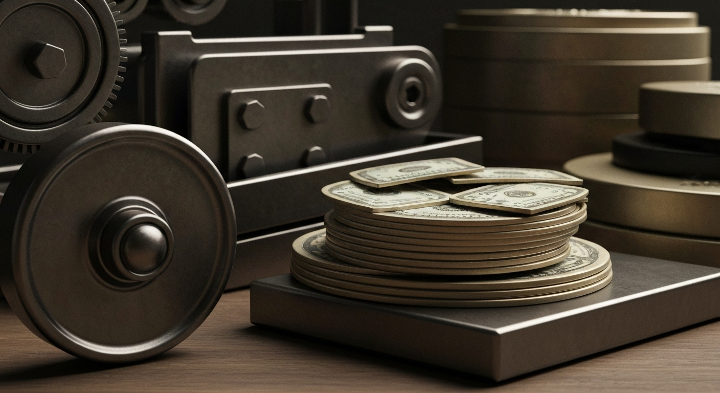 An extreme close-up of complex, industrial-looking financial machinery and equipment, conveying a sense of institutional power and economic security without depicting any specific branding or identifiable elements.