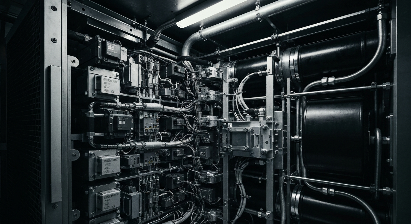 An extreme close-up of the heavy, industrial components and machinery that make up a Vertiv data center cooling system, captured in a high-contrast, cinematic style that emphasizes the complexity and importance of this critical digital infrastructure.