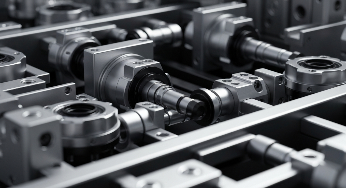 An extreme close-up of intricate, precision-engineered optical components and machinery in shades of silver, steel, and black, conceptually representing the advanced technology and manufacturing capabilities of Lumentum Holdings.