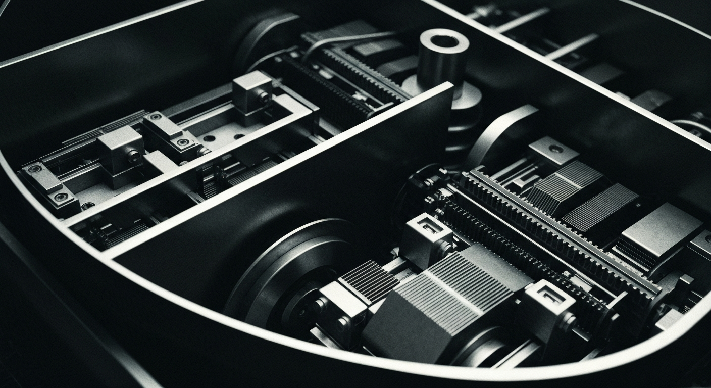 A close-up, cinematic image of the intricate inner workings and machinery of a modern banking system, rendered in a high-contrast, industrial style that conveys a sense of the complex, powerful, and impersonal nature of the financial industry without using any literal depictions of currency or charts.