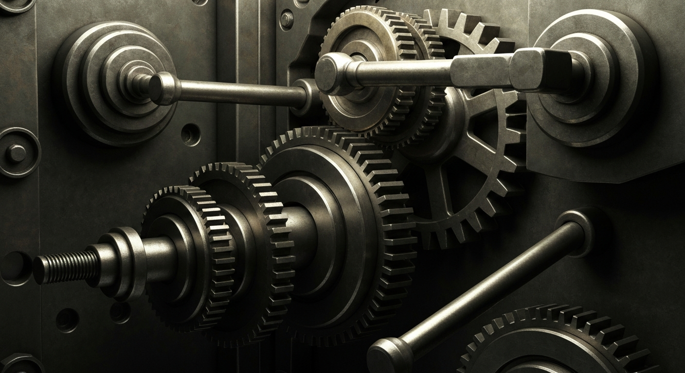 An extreme close-up of the gears, locks, and metal components that make up the secure mechanisms of a bank vault, conveying the physical, industrial nature of financial infrastructure.