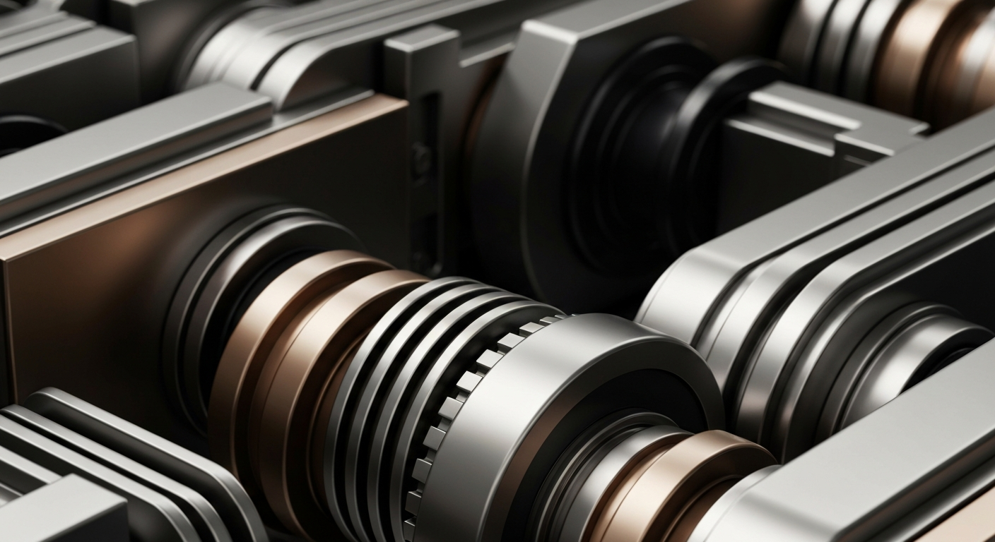 An extreme close-up of highly detailed, textured metal banking equipment and machinery, conveying a sense of the institutional power and security of the financial sector.