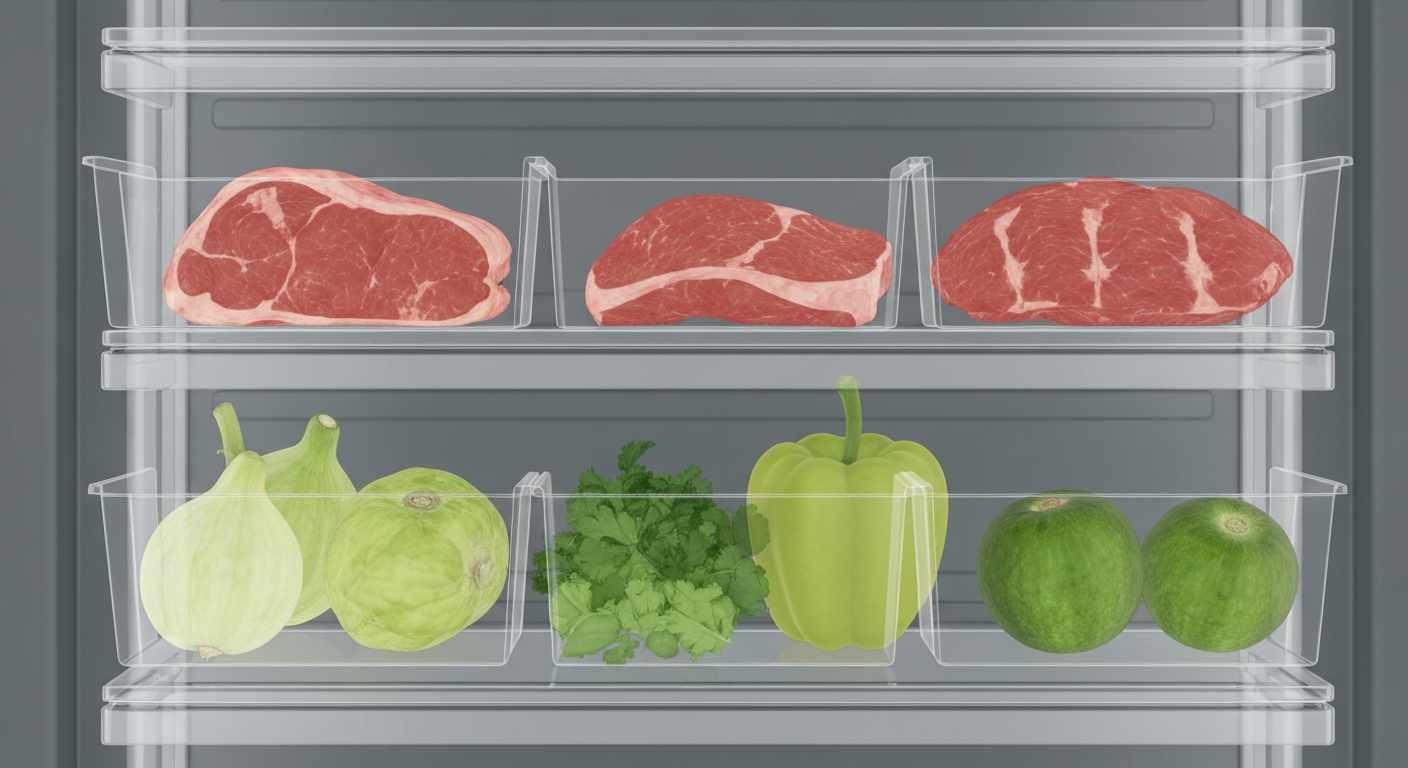 A ghostly X-ray image showing the internal structure of a refrigerator shelf, with raw meat products stored above fresh produce, highlighting the potential for cross-contamination.