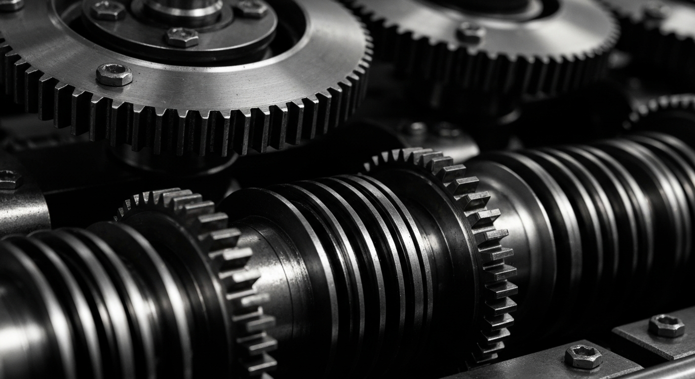 An extreme close-up of intricately meshed metal gears and machinery, conveying the complex financial infrastructure and institutional power behind Home Depot's retail operations.