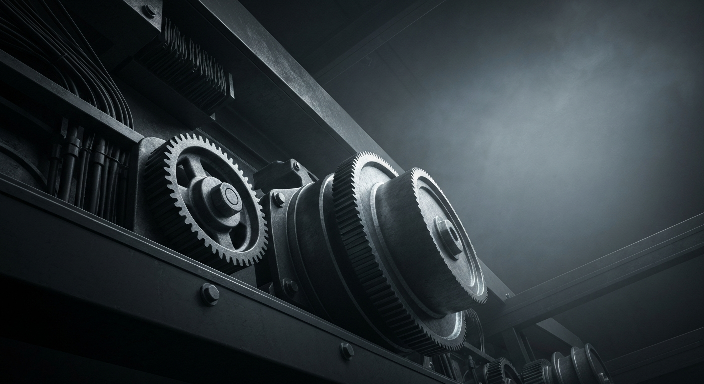 An extreme close-up of interlocking gears, circuit boards, and metal casings, conceptually representing the complex financial and technological systems that underpin the life sciences sector.