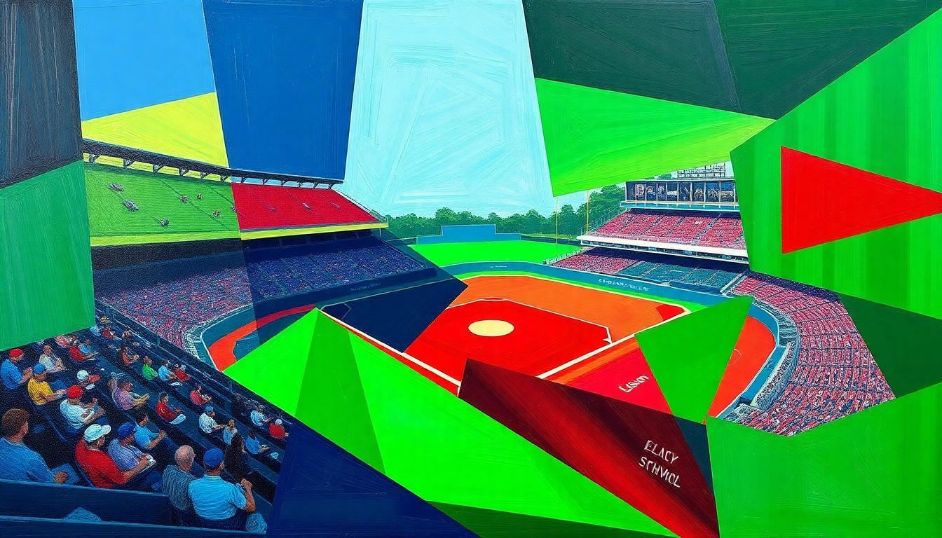 A fragmented, geometric painting depicting a high school baseball game, with sharp planes of green, blue, and red representing the dynamic action on the field.