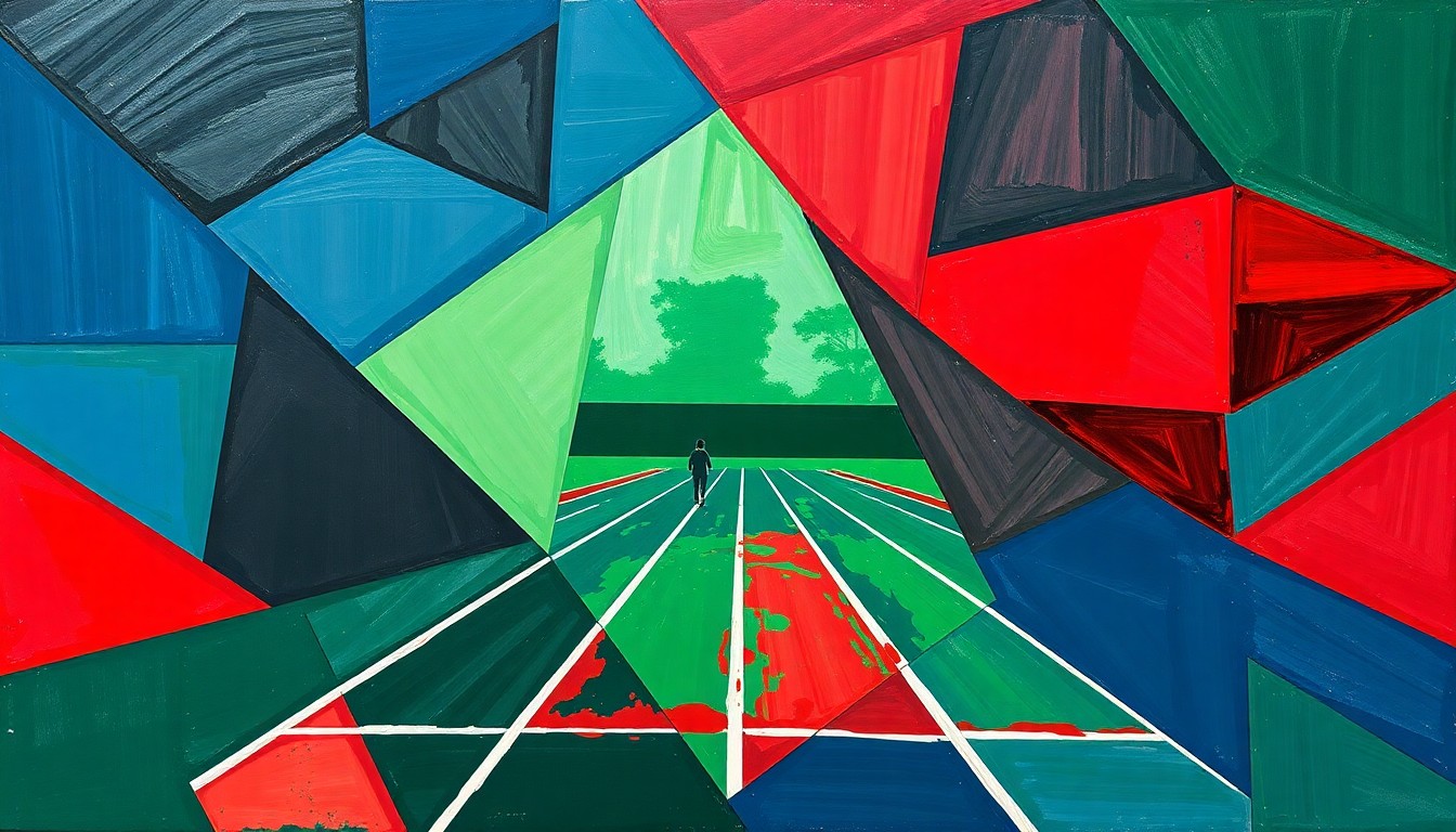 A fractured, multi-perspective painting in bold, overlapping geometric shapes and planes in navy, green, and red, conceptually representing the energy and dynamism of a high school track and field competition.