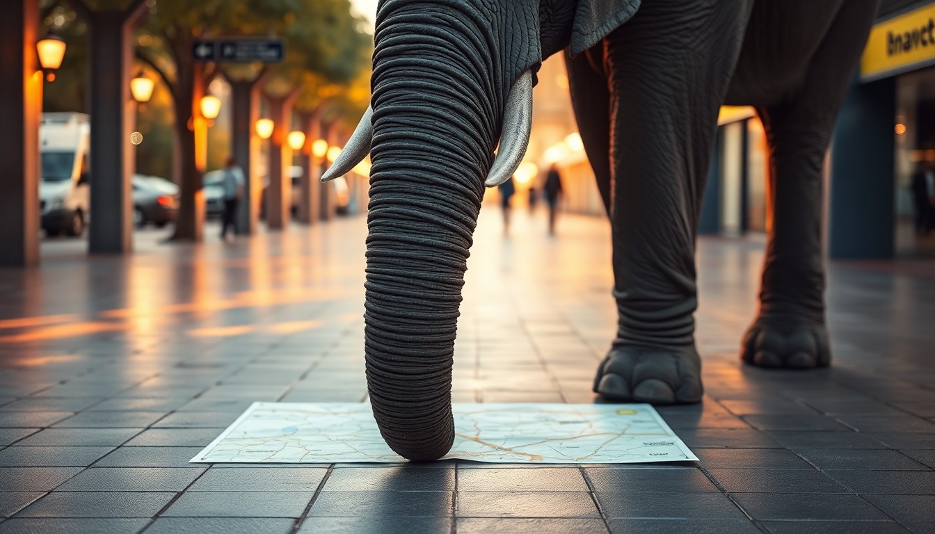 An abstract, impressionistic photograph of an elephant's trunk gently exploring a map, with the scene captured in soft, blurred pools of warm color and light, conceptually representing the unexpected yet peaceful nature of the elephant's escape.