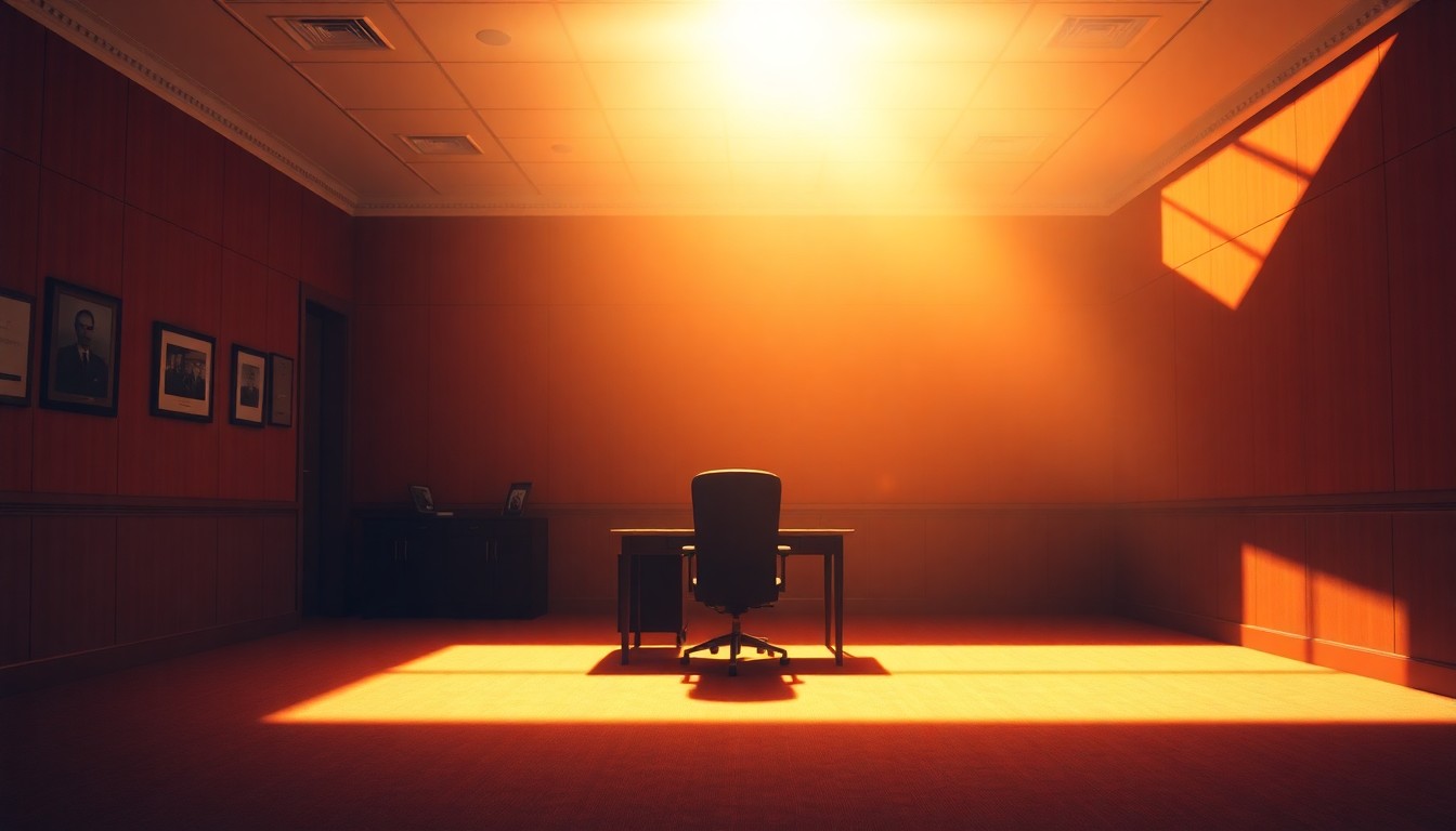 A quiet, cinematic painting of an empty government office space, with a lone desk and chair bathed in warm, diagonal sunlight and deep shadows, conceptually illustrating the disconnect between Congress and the federal workers impacted by the ongoing government shutdown.