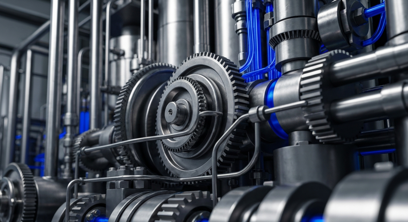 An extreme close-up of intricate pharmaceutical manufacturing equipment, including gears, tubing, and metal housings, conveying the complex, industrial nature of the biotech industry.