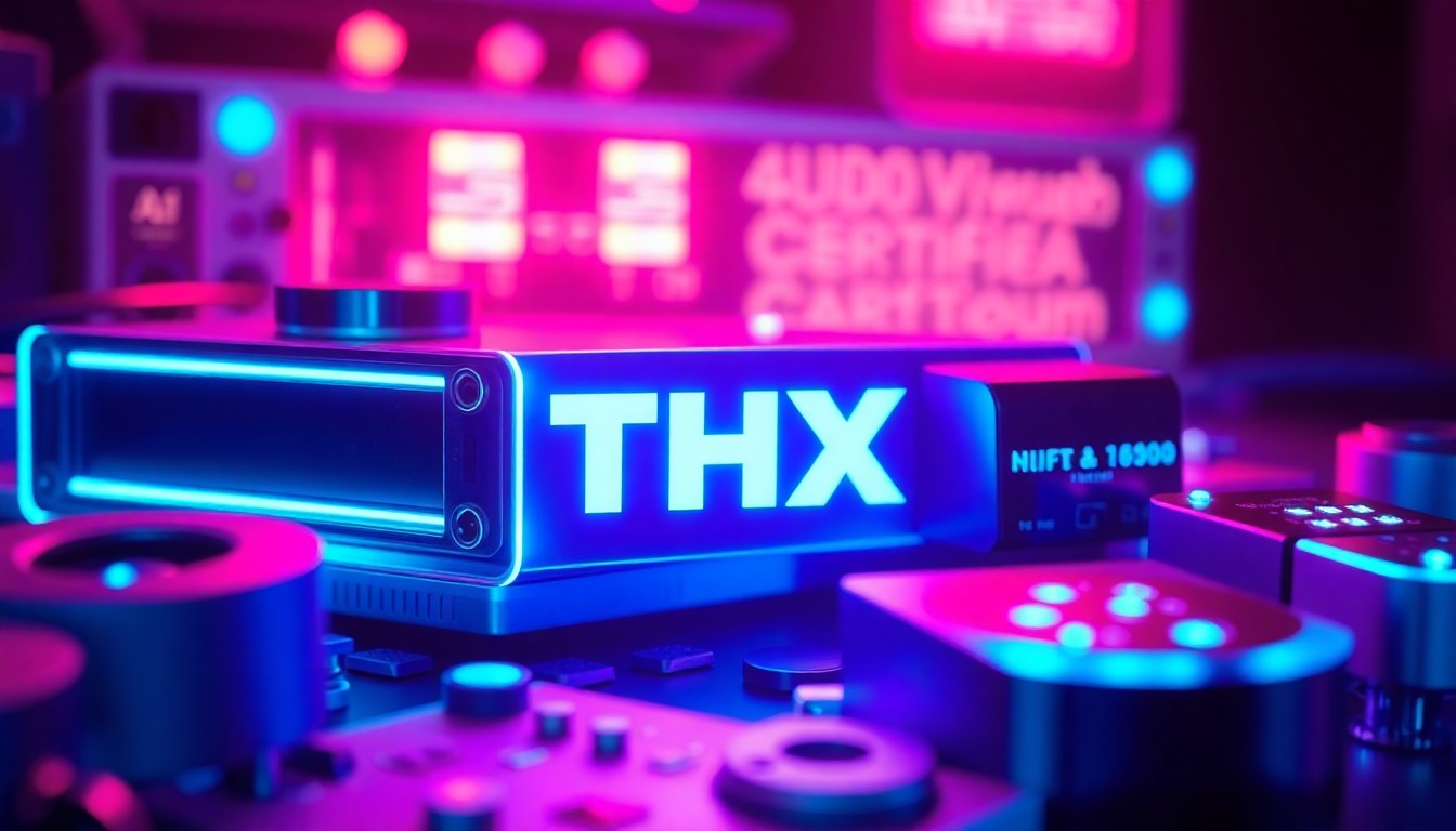 A highly detailed, glowing 3D illustration of futuristic audio-video circuit boards and hardware components in vibrant neon colors, conceptually representing THX's advanced certification technologies.
