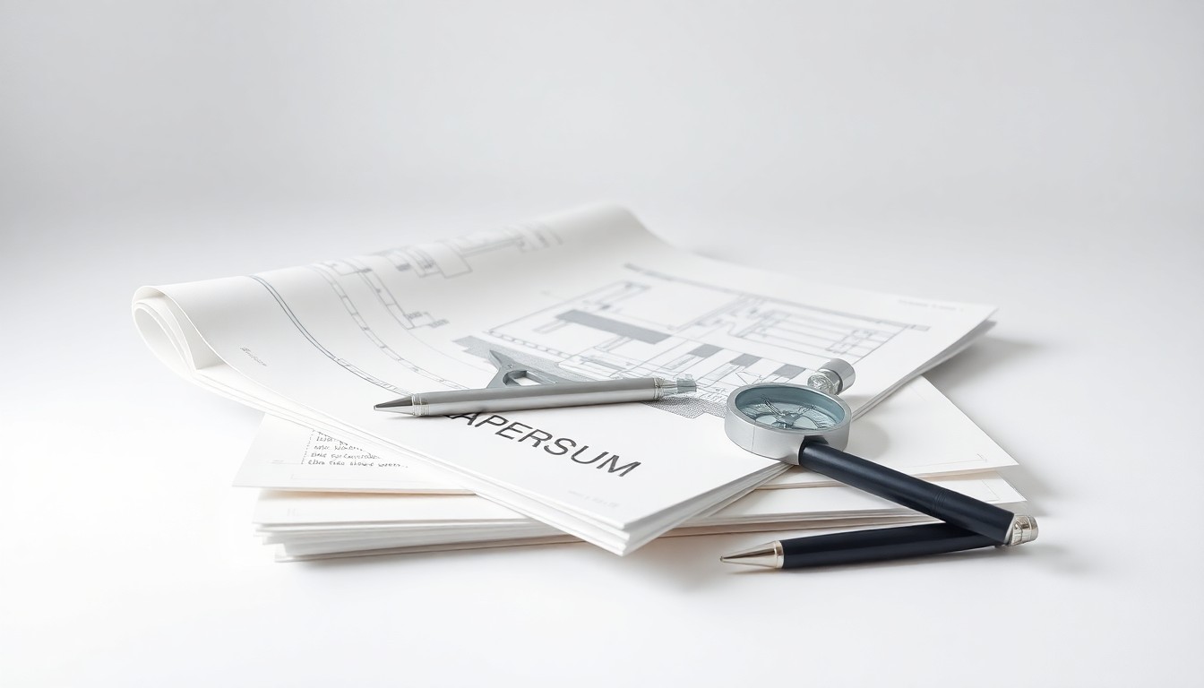 A minimalist studio still life photograph featuring a stack of architectural blueprints, a silver drafting compass, and a sleek black pen arranged on a clean white background, symbolizing the precision and expertise of the construction and design industry.