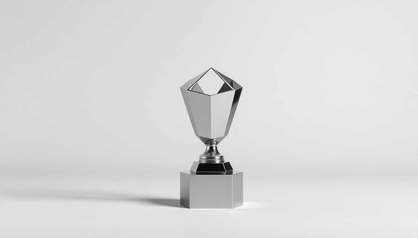 A photorealistic studio still-life photograph featuring a polished, geometric metal trophy or award object, symbolizing the honor and significance of Avani Desai's selection as a Henry Crown Fellow by the Aspen Institute.