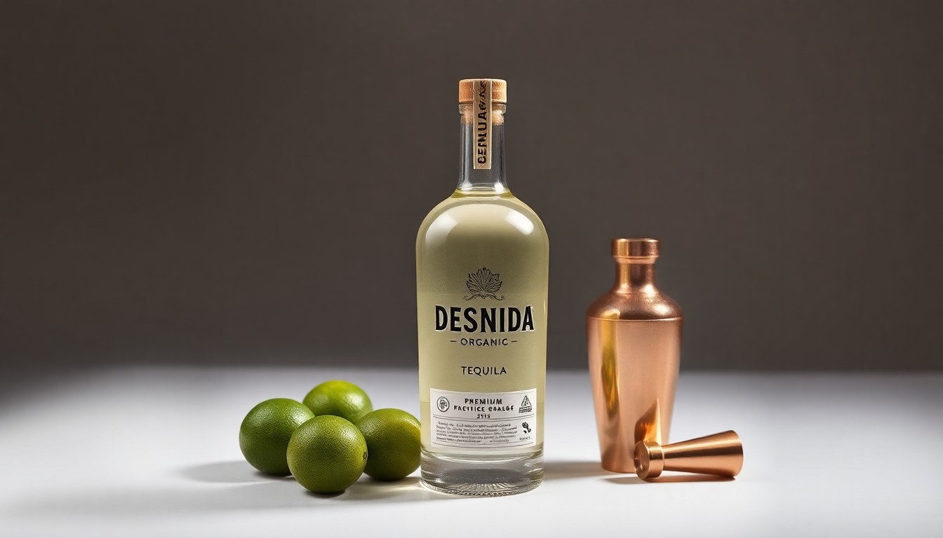 A high-end, photorealistic studio still-life photograph featuring a premium glass bottle of Desnuda Organic Tequila, a few limes, and a copper cocktail shaker against a clean, monochromatic background, conceptually representing the craftsmanship and premium quality of the tequila brand.