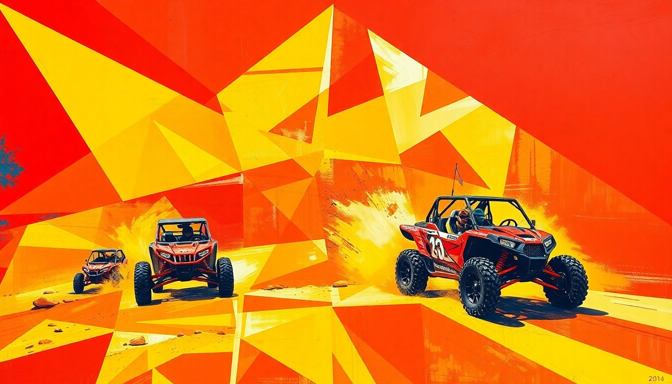 A cubist, geometric painting in bright red, orange, and yellow hues, depicting the San Felipe 250 UTV race in an abstract, deconstructed style that captures the raw energy and chaos of the event.