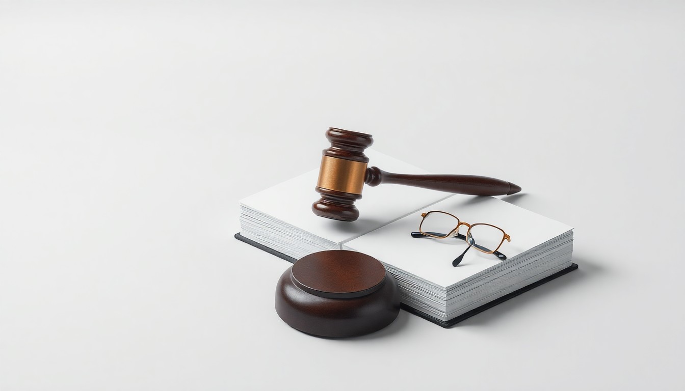 A minimalist studio still life photograph featuring a gavel, a law book, and a pair of eyeglasses arranged elegantly on a clean, monochromatic background, conceptually representing the abstract concepts of intellectual property law and litigation.