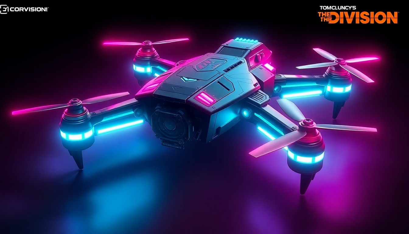 A highly detailed, glowing 3D illustration of a futuristic tactical combat drone, its sleek chassis illuminated by neon cyan and magenta lights, representing the advanced technology and high-stakes action of the Tom Clancy's The Division universe.