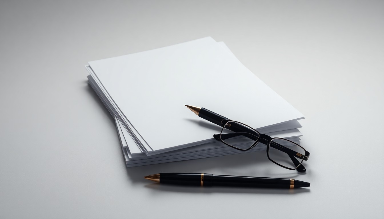 A minimalist studio still life featuring a stack of legal documents, a pen, and a pair of eyeglasses, conceptually representing the expertise and attention to detail required in employment law matters.