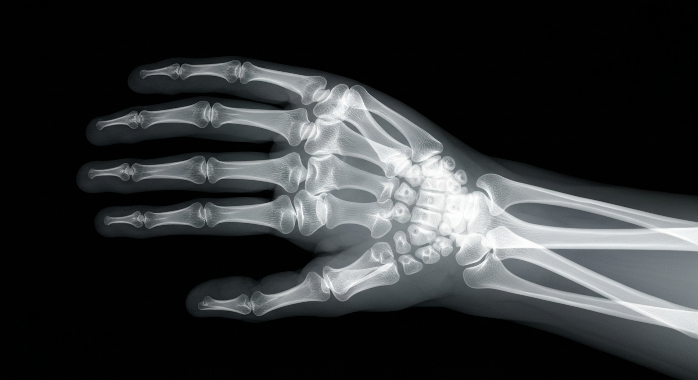 An X-ray photograph showing the intricate bone and muscle structure of a human hand and wrist, conceptually representing the advanced biometric technology that will be integrated into the Miraval resort experience.