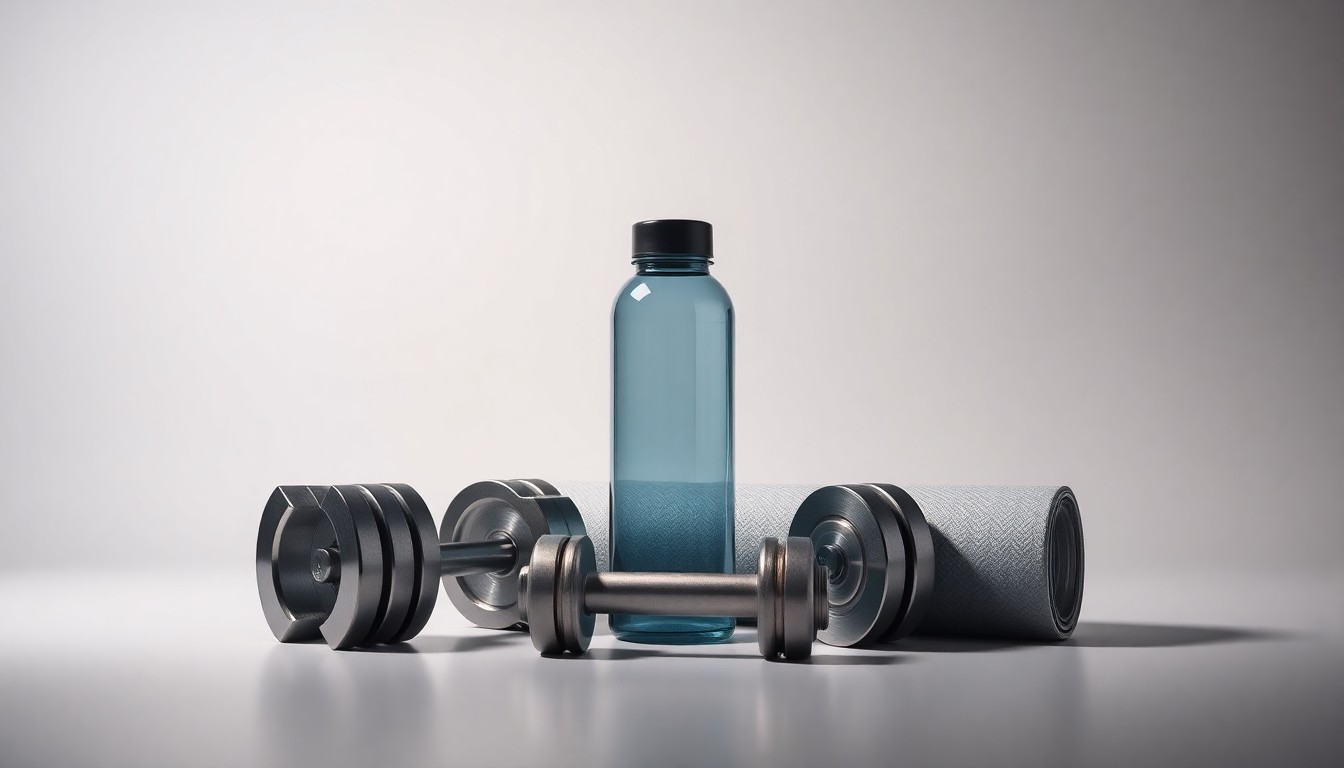 A high-end, photorealistic studio still-life photograph featuring a set of polished metal and glass weights, a sleek exercise mat, and a minimalist water bottle, all arranged elegantly on a clean, monochromatic seamless background, conceptually representing the strategic business dynamics of the fitness industry.